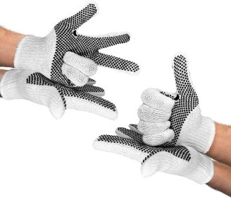 Pack of 24 String Knit Gloves 9.5" with Single Side Dots. Safety White Cotton Work Gloves for Men & Women. Protection Hand Grip with PVC Black Dot Coa